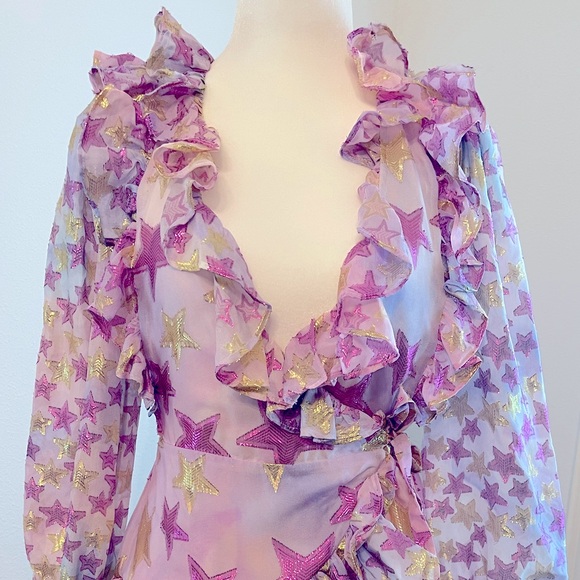 LoveShackFancy - Findlay Long Sleeve Ruffle Wrap Mini Dress Purple Metallic Star - Picture 3 of 12